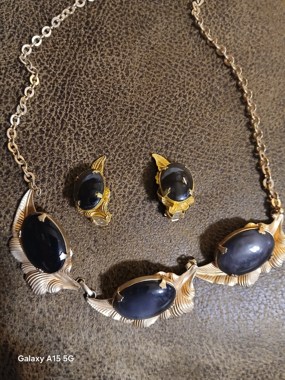 Vintage Gold-Tone Feather Necklace and Earring Set with Black Cabochons